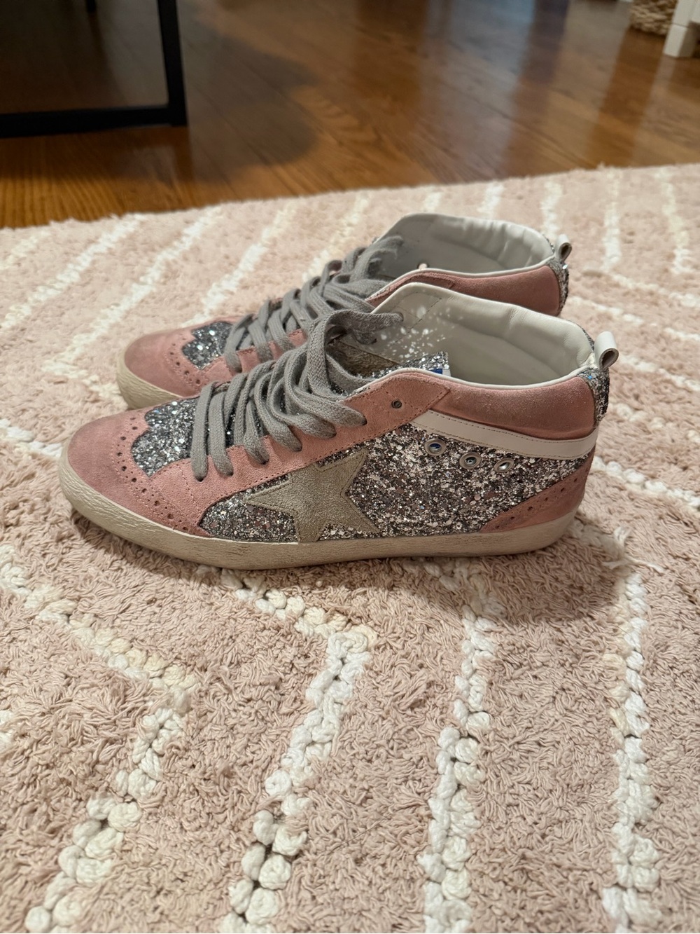 Golden Goose Pink and Silver Glitter High-Top Sneakers